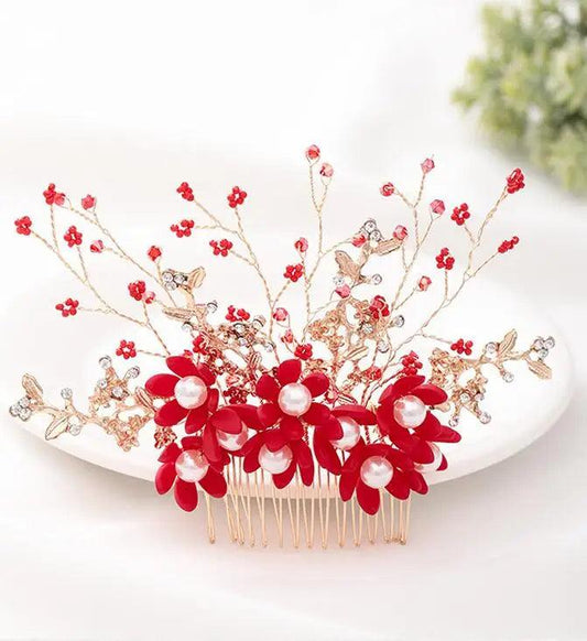 Antique accessories red pearl hair comb insert comb simple and elegant bridal headdress wedding jewelry - LyxButik