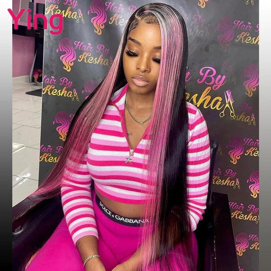 Highlight Pink Colord Transparent Lace 13X6 Lace Frontal Human Hair Wigs for Women Brazilian Straight Lace Front Wigs Remy 180% - LyxButik