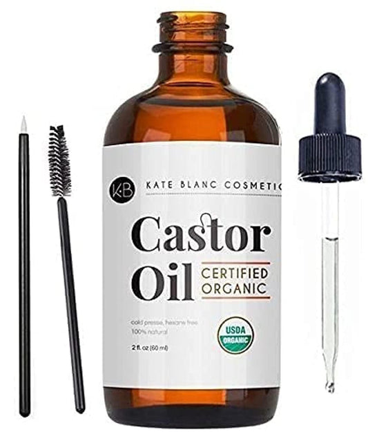 Kate Blanc Cosmetics Castor Oil (2oz) USDA Certified Organic, 100% Pure, Cold Pressed, Hexane Free Stimulate Growth for Eyelashes, Eyebrows, Hair. Skin Moisturizer & Hair Treatment Starter Kit - LyxButik