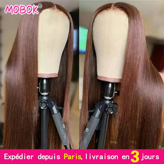 MOBOK-Perucas frontais de renda reta para mulheres cabelo humano brasileiro, cor castanho chocolate, 13x4, 13x6, HD - LyxButik