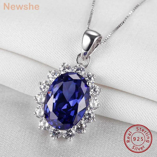 Newshe-forma oval zircão colar de pingente para mulheres, corrente de prata esterlina 925 pura, aaaaa, 18 ", 6.4 ct, azul - LyxButik