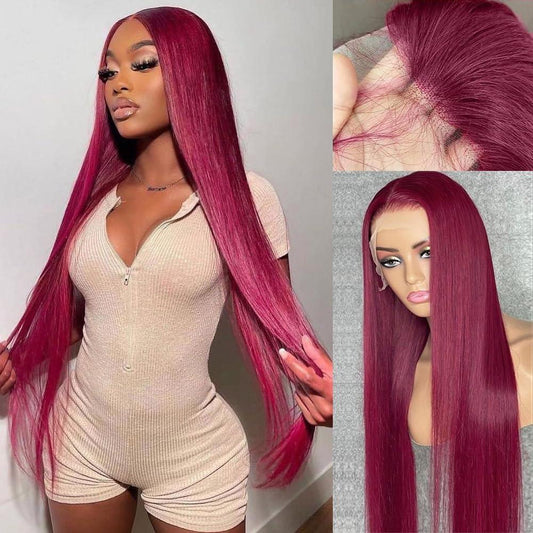 SOSATISFY Straight 99J Burgundy Lace Front Wigs Human Hair 13x4 Glue less HD Transparent Red Wig Human Hair Lace front 180% Density Colored Wigs for Women Pre Plucked with Baby Hair (22 inch) - LyxButik