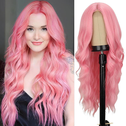 WERD Long Pink Wavy Wig for Women Light Pink Curly Hair Wig with Middle Part Synthetic Pink Curly Long Wigs for Girls Cosplay Party Use - LyxButik