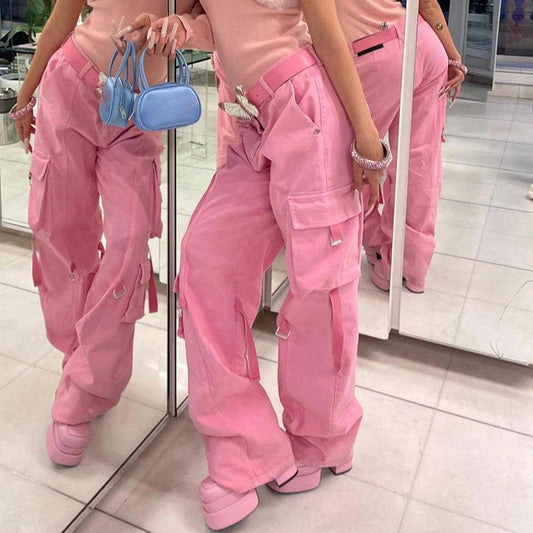 Y2k Pink/Gray Cargo Pants Tied Ruched Pants Women Retro Low Waist Baggy Pants Pockets Harajuku Joggers 2022 sweatpants - LyxButik