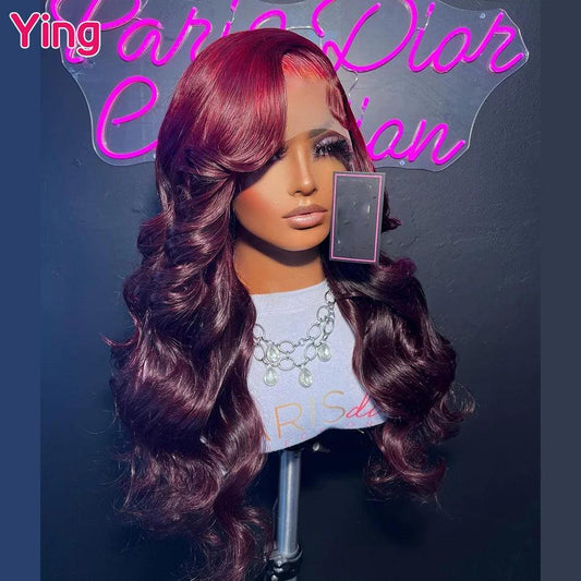 Ying Dark Burgundy Omber Red Colored Human Hair Wigs Transparent 13X6 13X4 Lace Frontal Wigs Brazilian Body Wave Lace Front Wigs - LyxButik