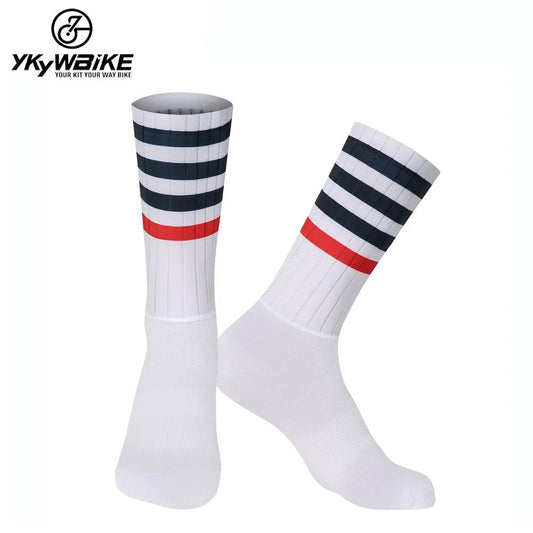 YKYWBIKE Anti Slip Silicone Aero Socks Whiteline Cycling Socks Men Bicycle Sport Running Bike Socks - LyxButik