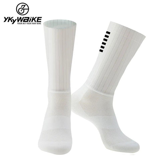 YKYWBIKE Anti Slip Silicone Aero Socks Whiteline Cycling Socks Men Bicycle Sport Running Bike Socks - LyxButik
